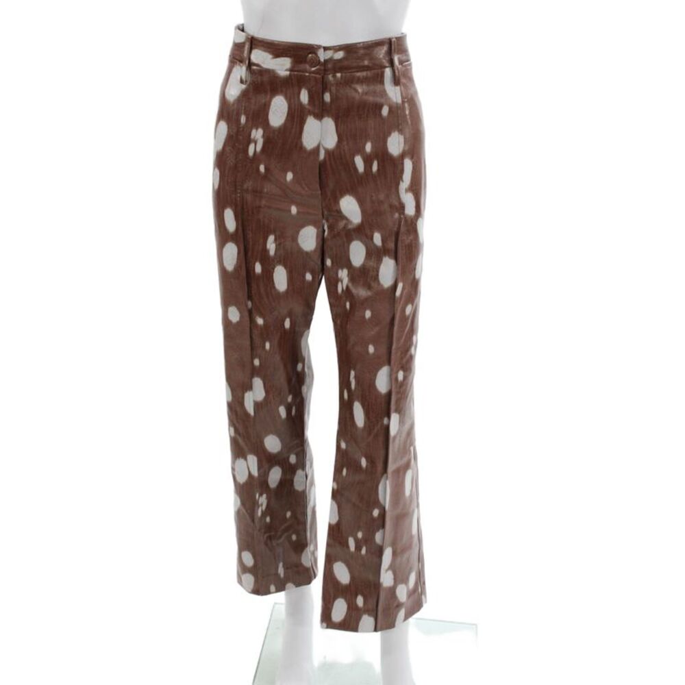 ROTATE Womens Cropped Pants Brown Animal Print Polyurethane Button Size 8